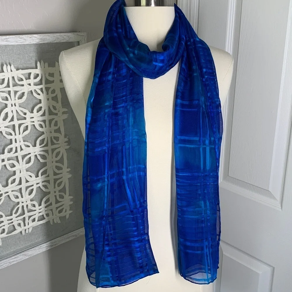 Blue silk plaid scarf